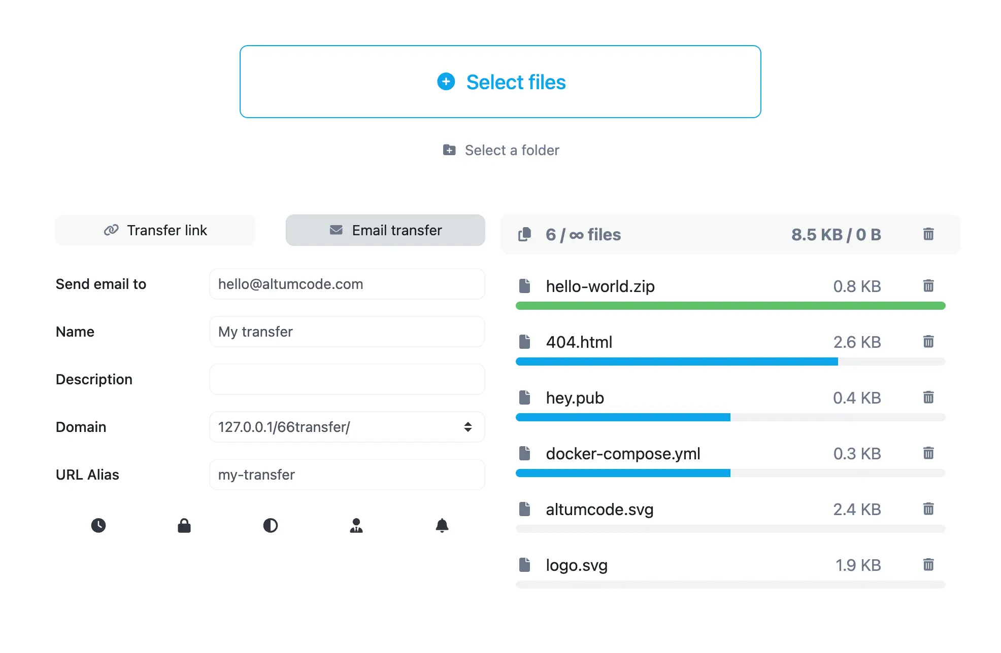 66transfer dashboard showing the file uploader section