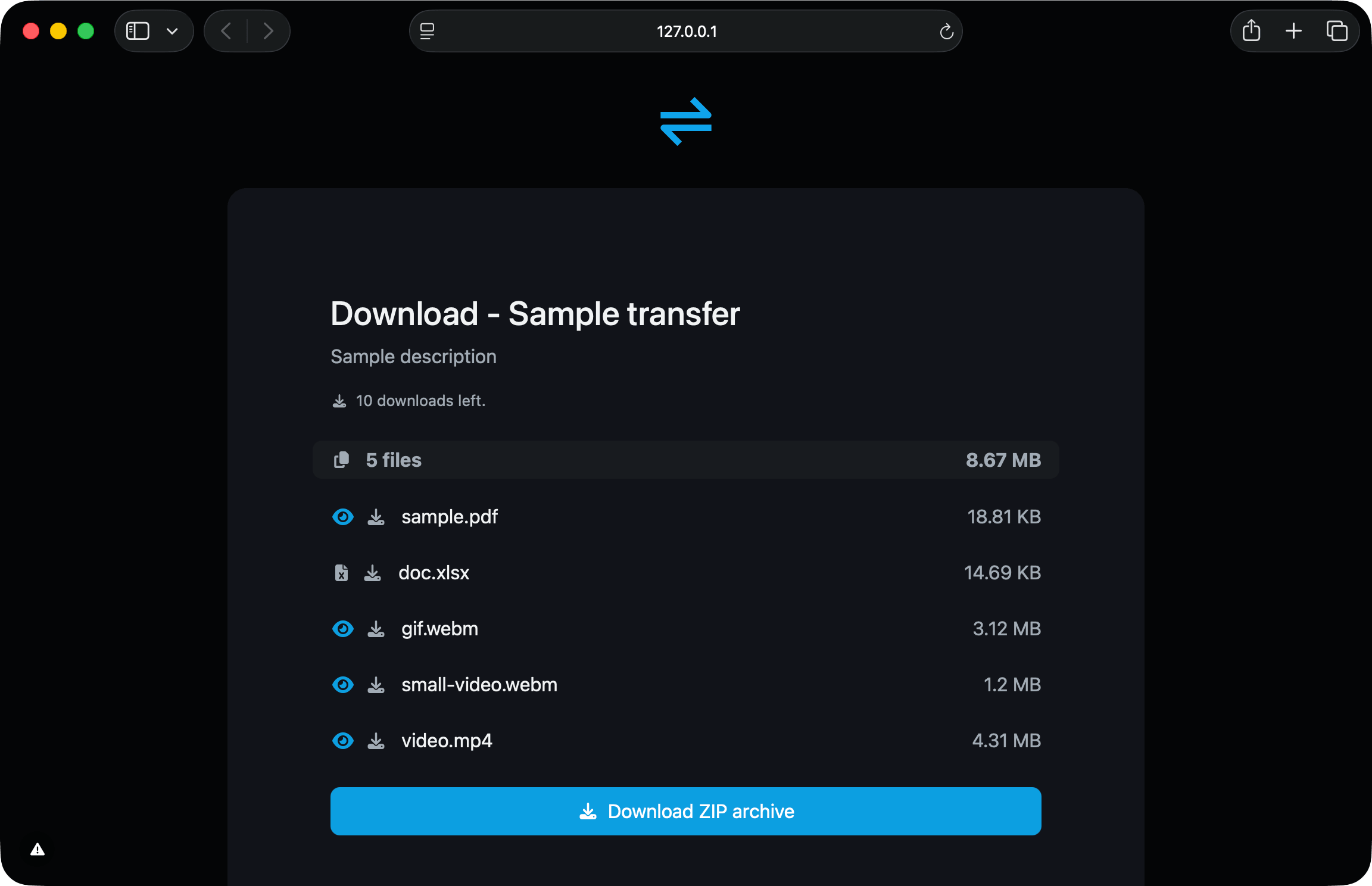 66transfer download page showing the shared files list