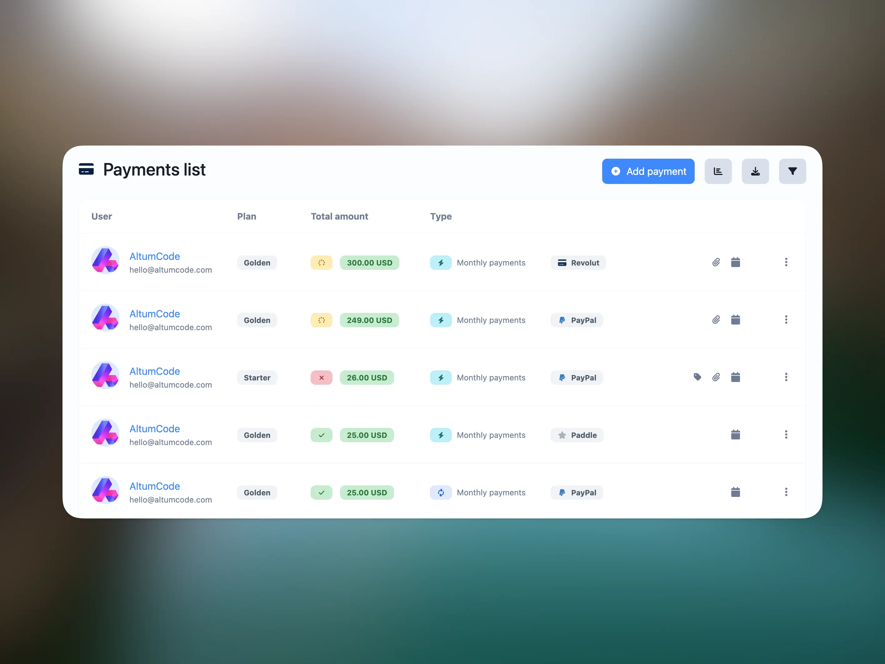 66transfer admin panel showing the last payments through the SaaS extended license