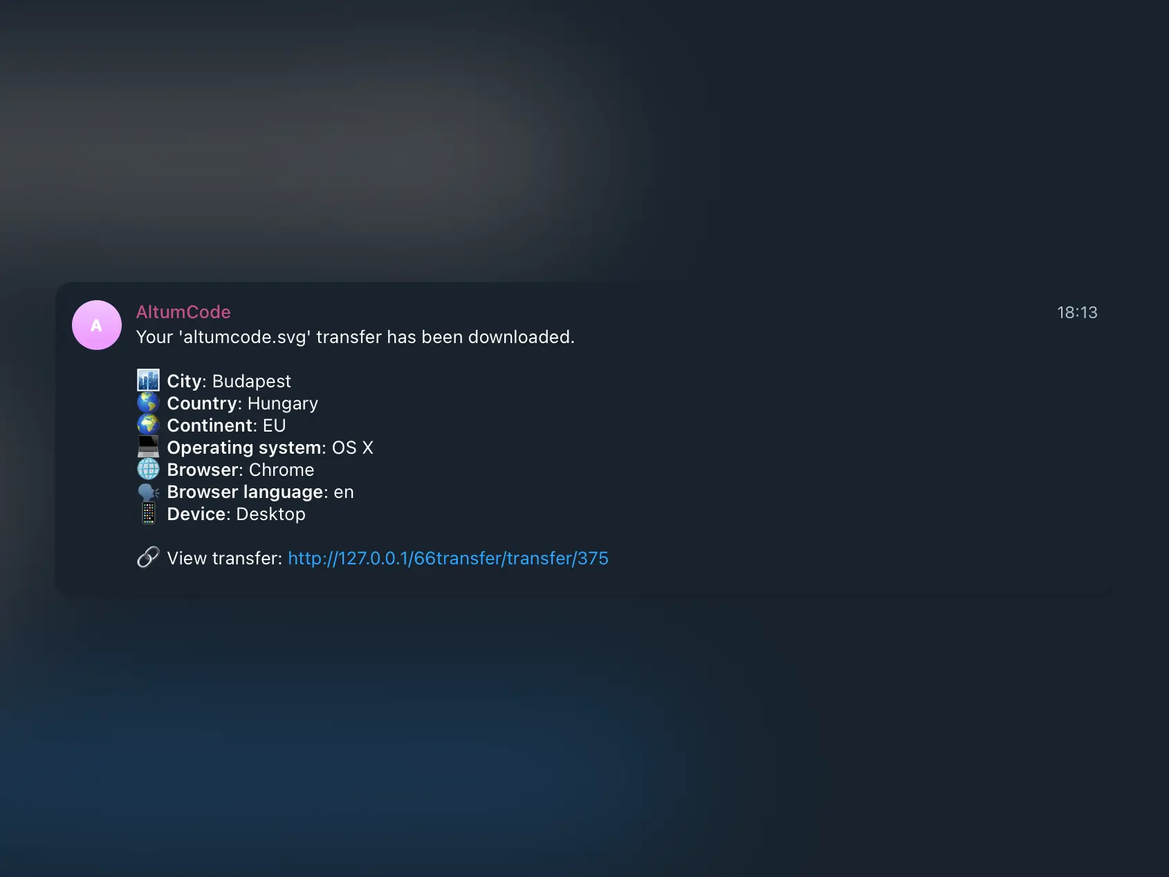66transfer showing an telegram notification example when a user downloaded your transfer
