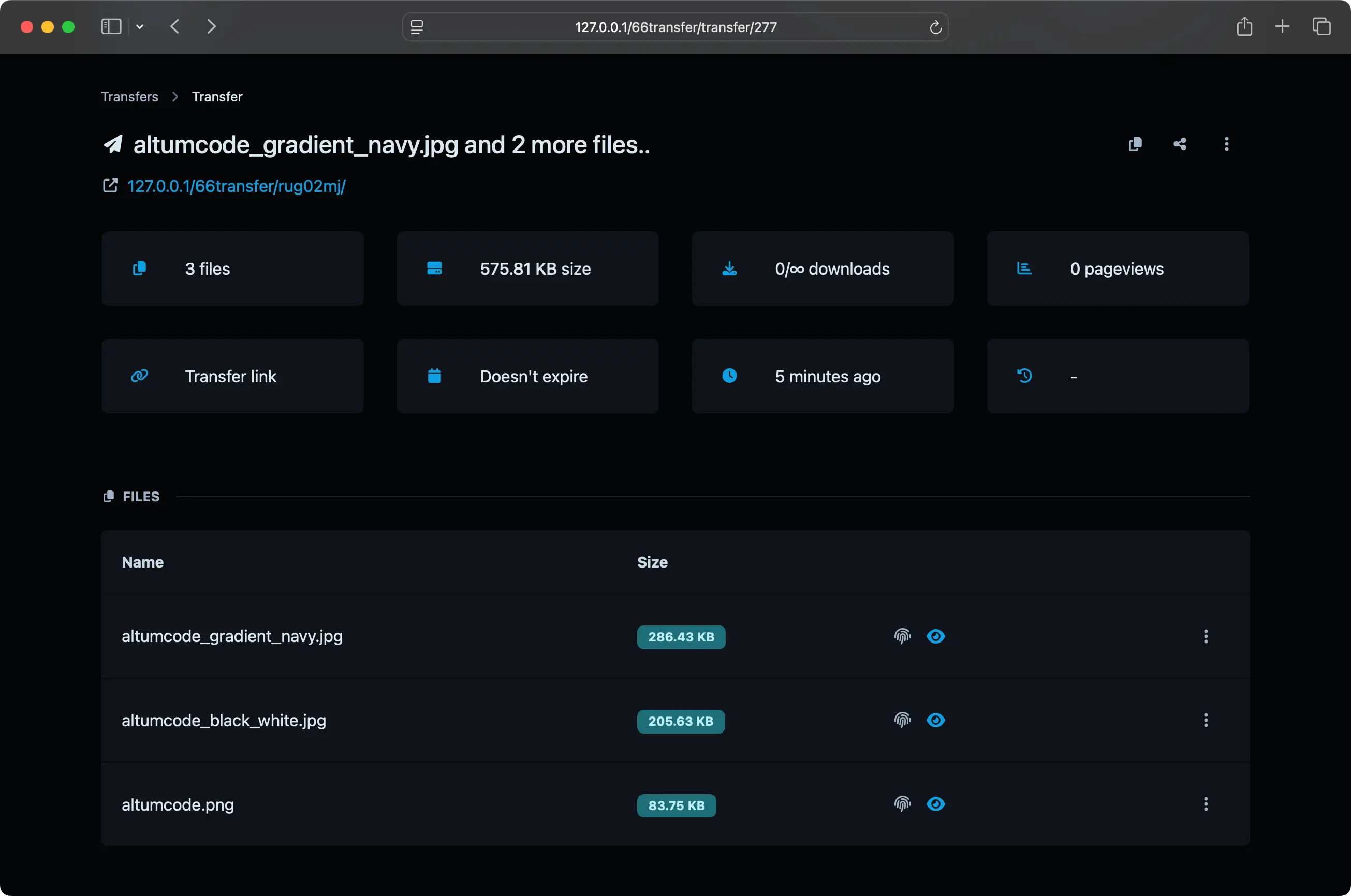 66transfer transfer details page showing the expiration and download limits