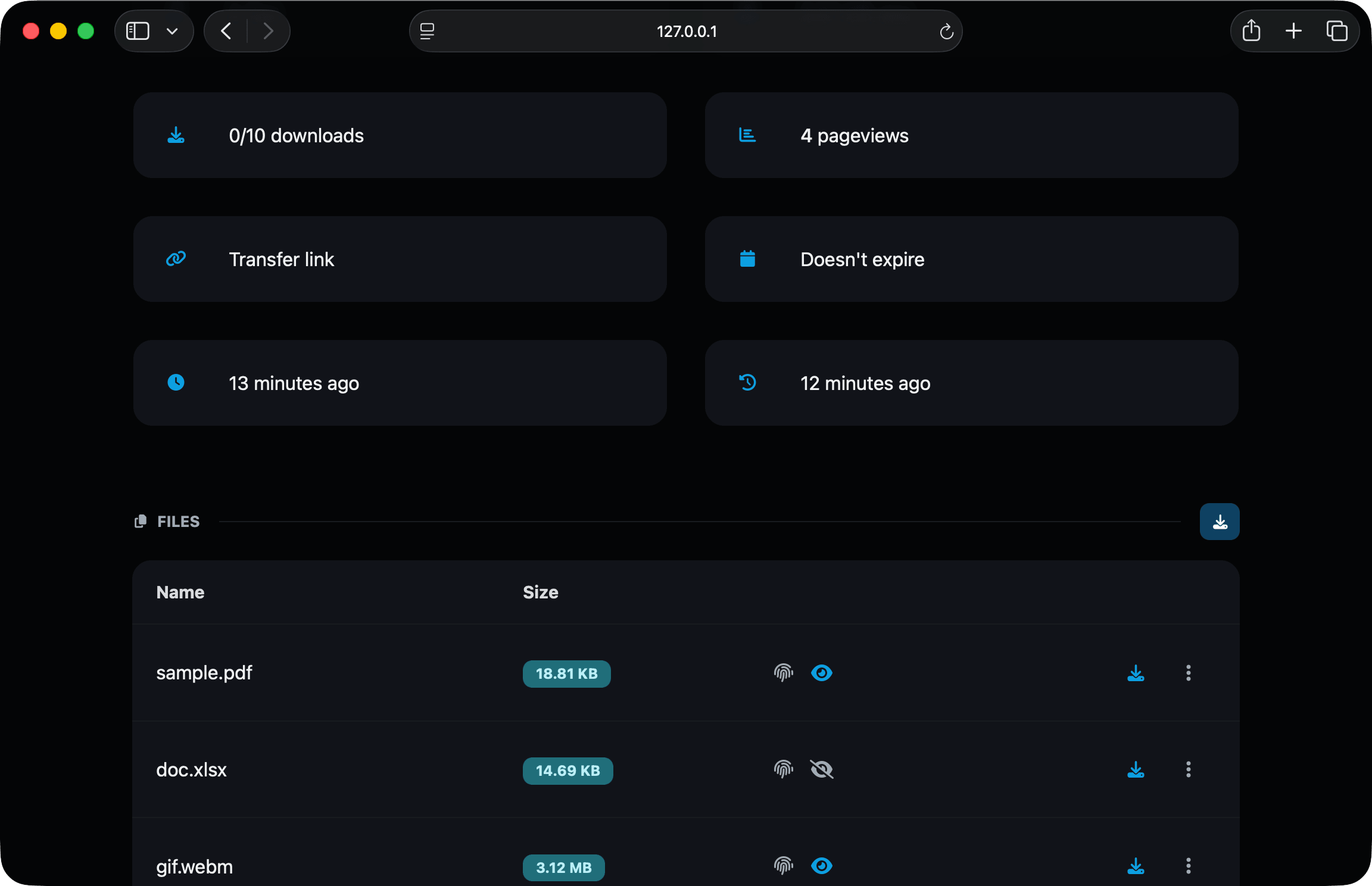 66transfer transfer details page showing the expiration and download limits