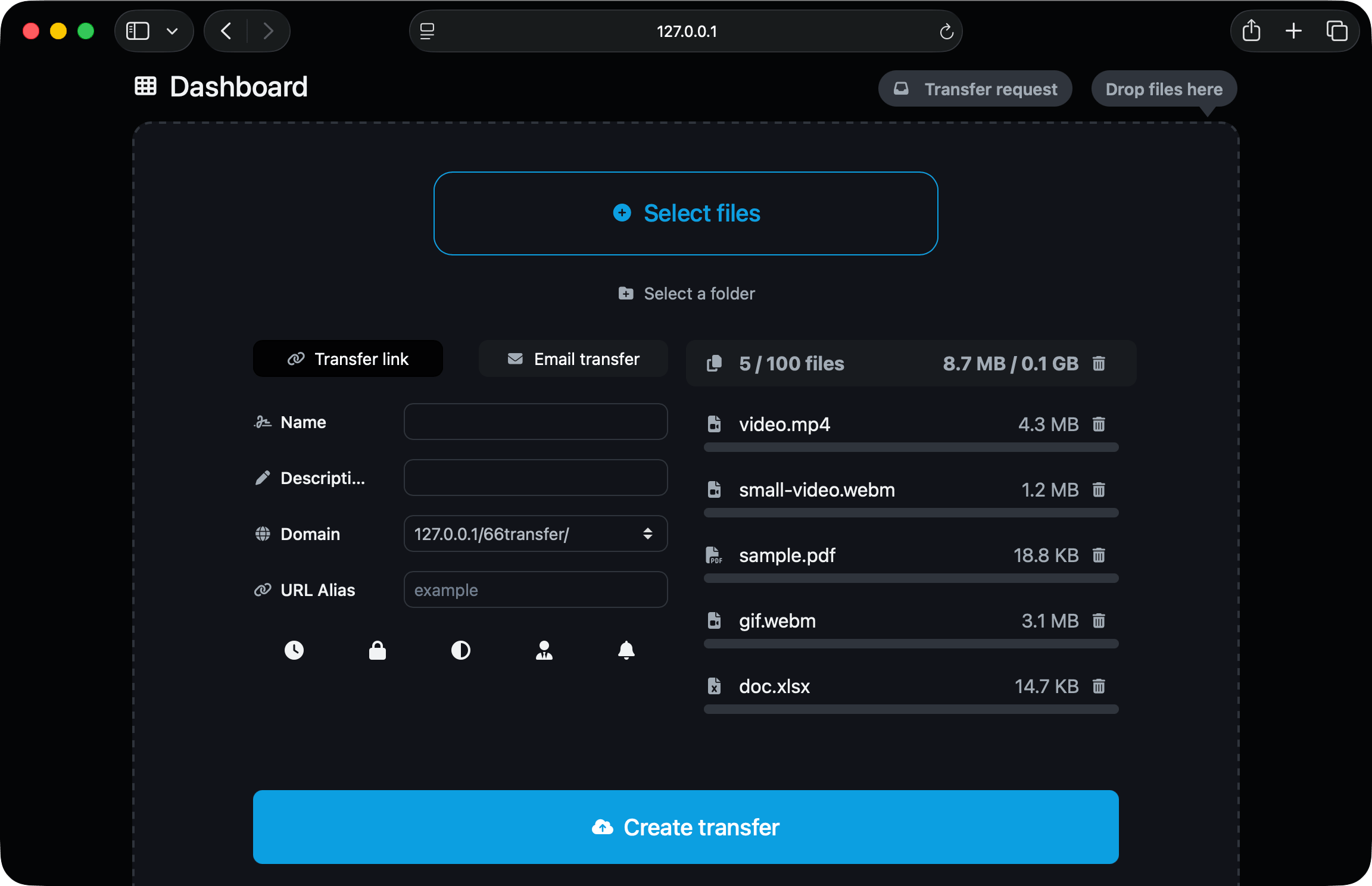 66transfer displaying the upload files form with the create transfer button