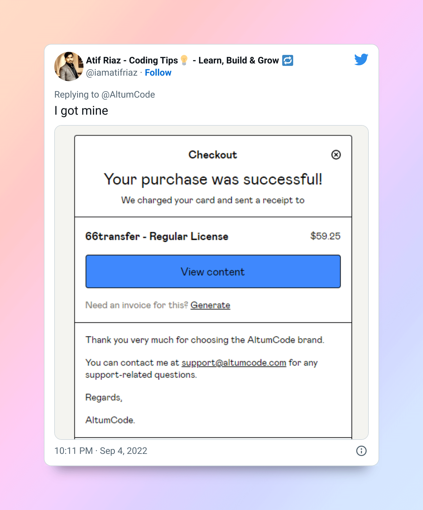 Customer tweet showing a successful 66transfer purchase